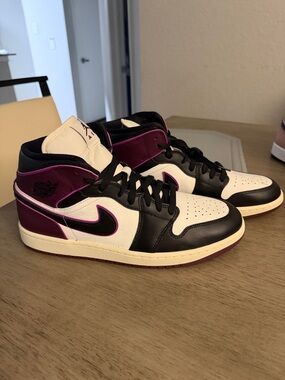 Air Jordan 1 Mid-Top Sneakers in White, Black & Purple